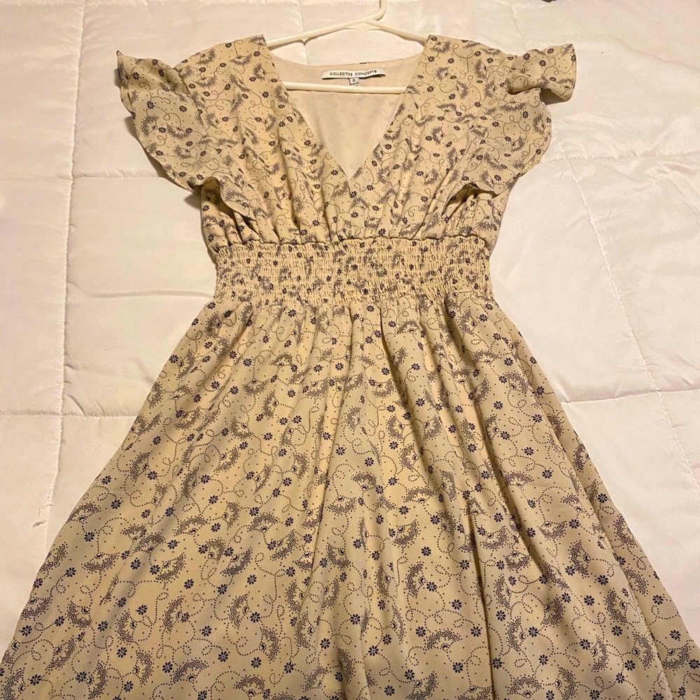 V-neck Ruffled Sleeve Smocked Waist Dress